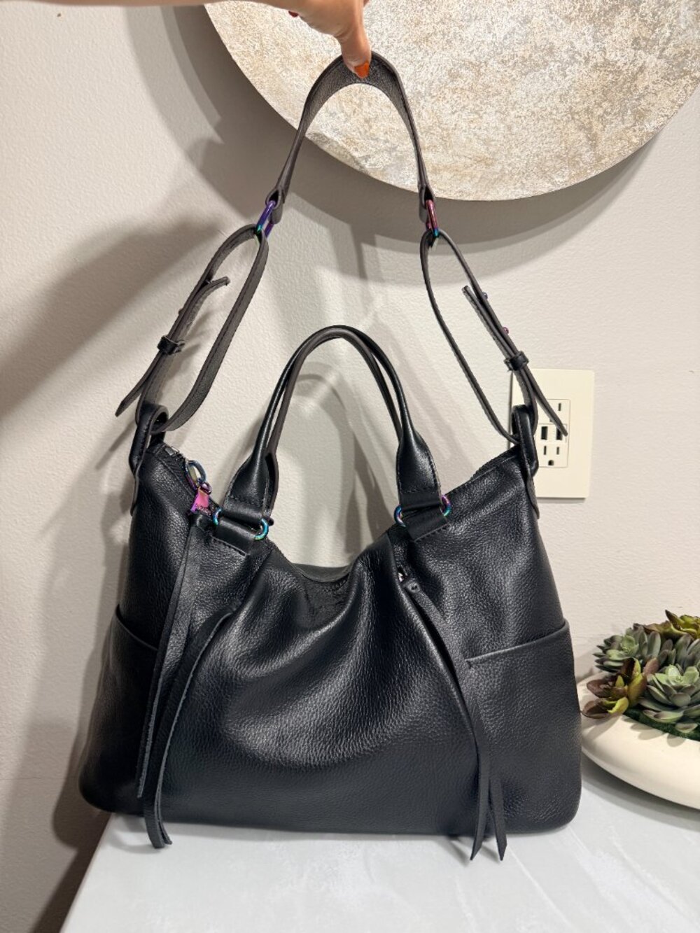 Convertible Slouchy Pebbled Black Leather Satchel Shoulder Bag Iridescent - Picture 3 of 13